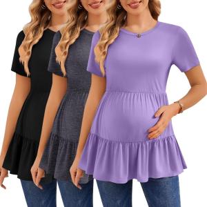Ekouaer 3 Pack Women’s Maternity Shirts Short Sleeve Ruffle Pregnancy Clothes Blouse Peplum Babydoll Tops Casual Mama Tee(Black/Deep Grey/Purple Rose)