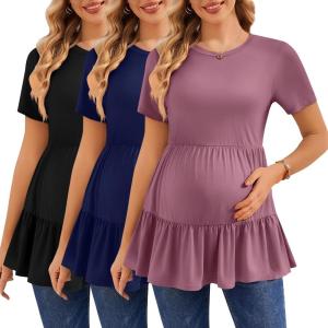 Ekouaer 3 Pack Women’s Maternity Shirts Short Sleeve Ruffle Pregnancy Clothes Blouse Peplum Babydoll Tops Casual Mama Tee(Black/Navy/Dusty Rose)