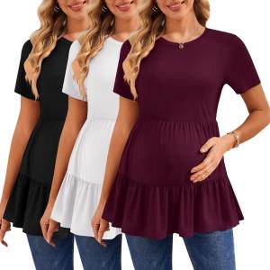 Ekouaer 3 Pack Women’s Maternity Shirts Short Sleeve Ruffle Pregnancy Clothes Blouse Peplum Babydoll Tops Casual Mama Tee(Black/White/Wine Red)