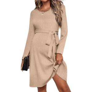 Ekouaer Womens Maternity Dress Rib Knit Long Sleeve Pregnancy Dresses Crewneck Pregnant Clothes with Belt(Khaki)