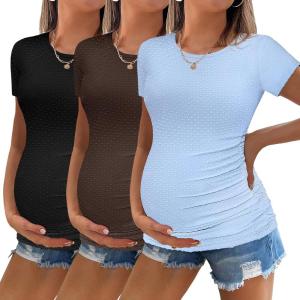 Ekouaer Womens Maternity Shirts 3 Packs Round Neck Short Sleeve Side Ruched Swiss Dot T Shirt Tops S-XXL(Black/Coffee/Light Blue)