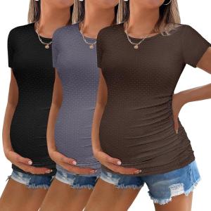 Ekouaer Womens Maternity Shirts 3 Packs Round Neck Short Sleeve Side Ruched Swiss Dot T Shirt Tops S-XXL(Black/Dark Grey/Coffee)