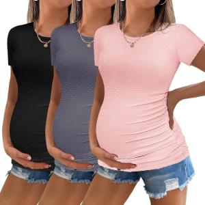 Ekouaer Womens Maternity Shirts 3 Packs Round Neck Short Sleeve Side Ruched Swiss Dot T Shirt Tops S-XXL(Black/Dark Grey/Dirty Pink)