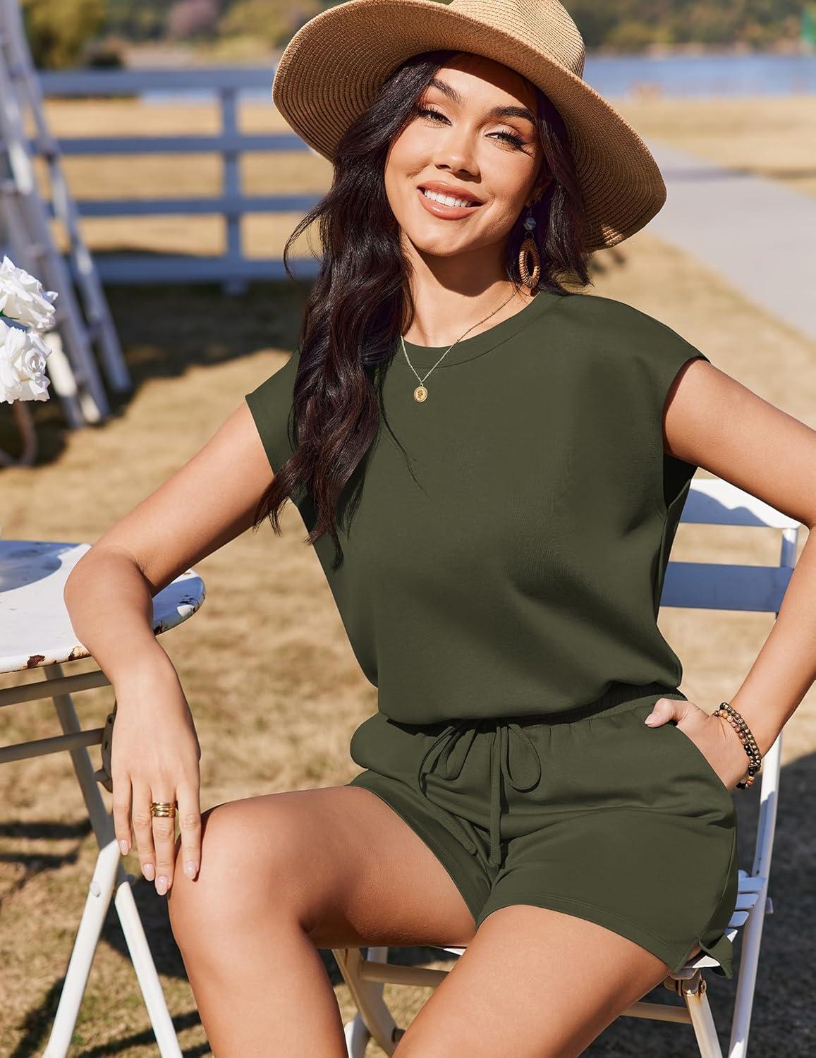 imageEkouaer Womens Romper with Pockets Summer Short Jumpsuit Casual Cap Sleeve Drawstring One Piece Lounge Vacation Beach OutfitArmy Green