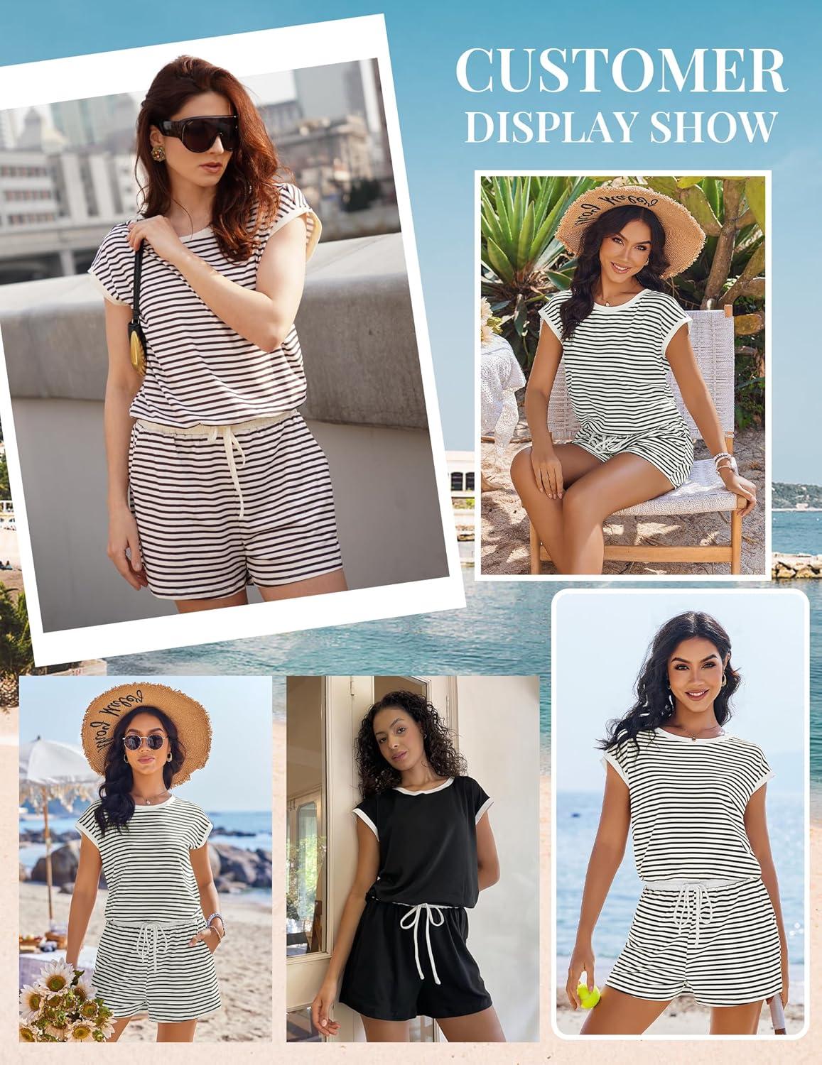 imageEkouaer Womens Rompers for Summer Casual One Piece Short Jumpsuit 2026 Striped Cap Sleeve Beach Clothes Travel OutfitsBrown Beige Striped