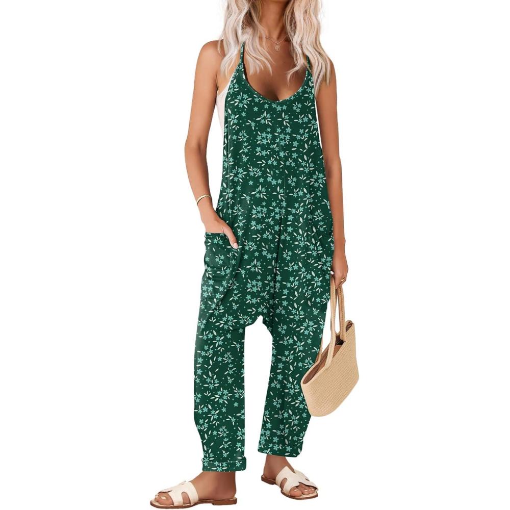 imageEkouaer Womens Jumpsuit Sleeveless Casual Summer Overalls Jumpers Spaghetti Strap Baggy Long Pants Rompers with PocketsWhite Floral Green