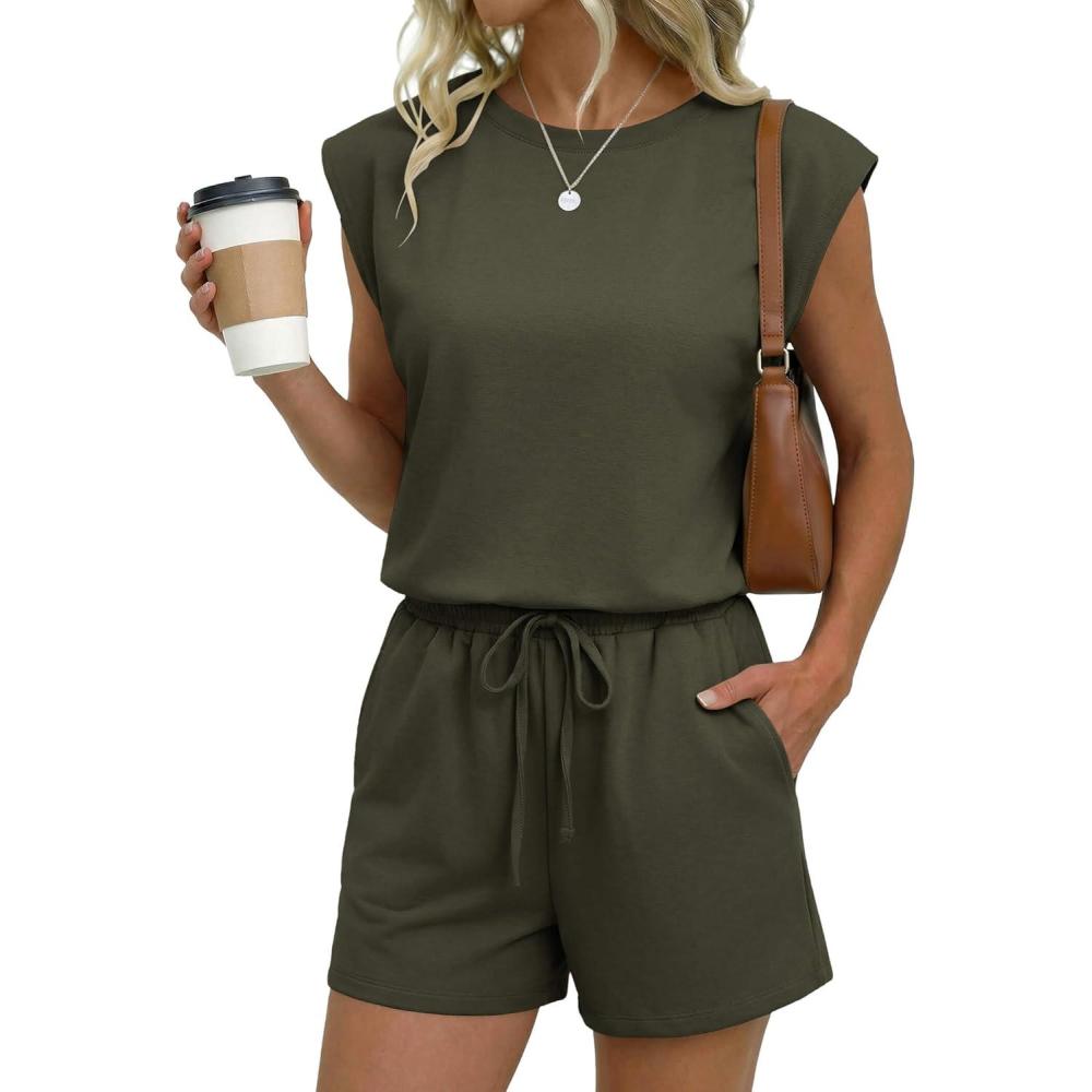imageEkouaer Womens Romper with Pockets Summer Short Jumpsuit Casual Cap Sleeve Drawstring One Piece Lounge Vacation Beach OutfitArmy Green