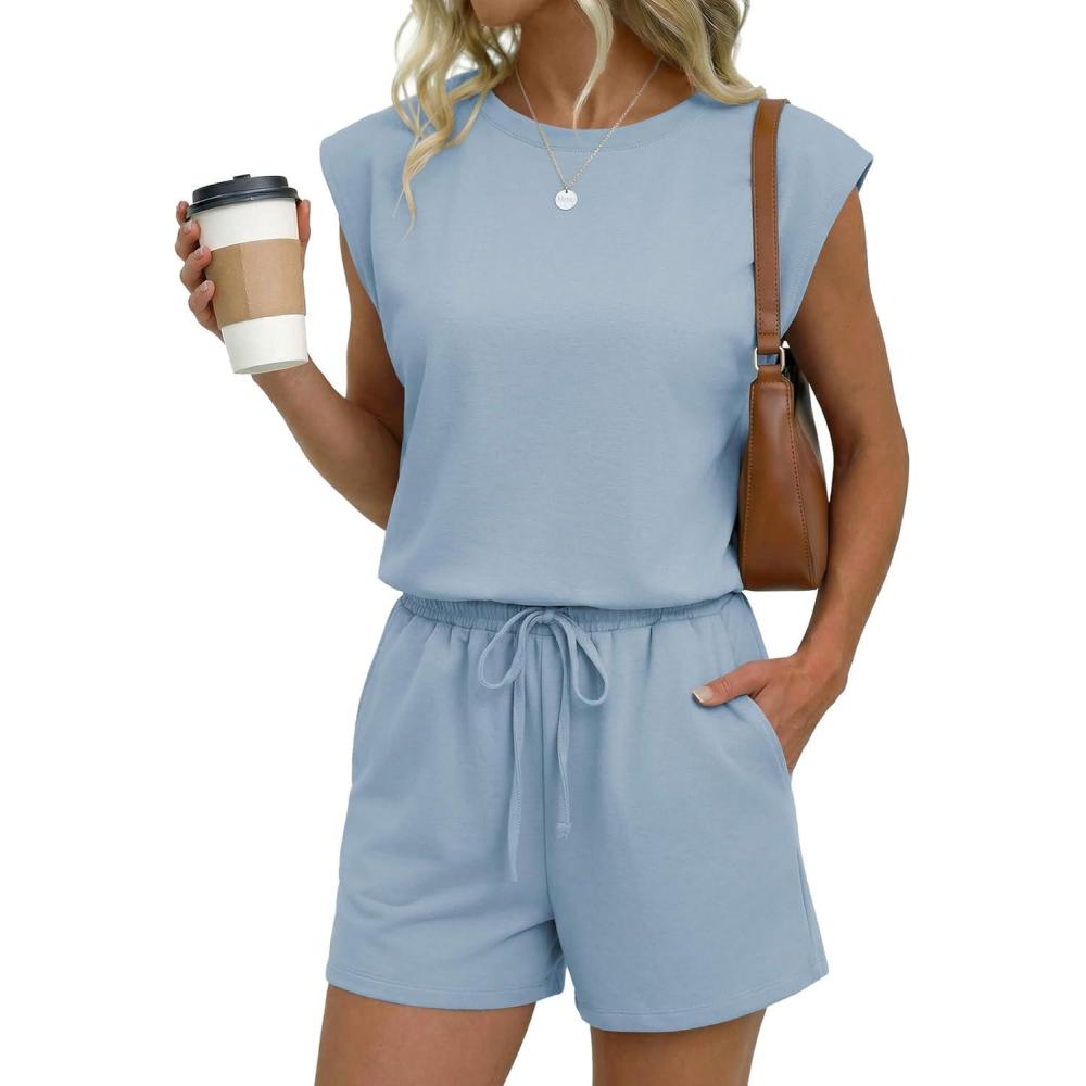 imageEkouaer Womens Romper with Pockets Summer Short Jumpsuit Casual Cap Sleeve Drawstring One Piece Lounge Vacation Beach OutfitBlue