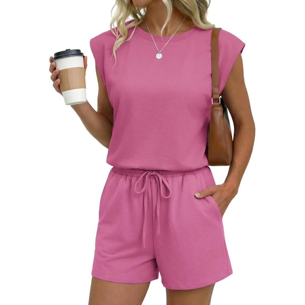 imageEkouaer Womens Romper with Pockets Summer Short Jumpsuit Casual Cap Sleeve Drawstring One Piece Lounge Vacation Beach OutfitRose Pink