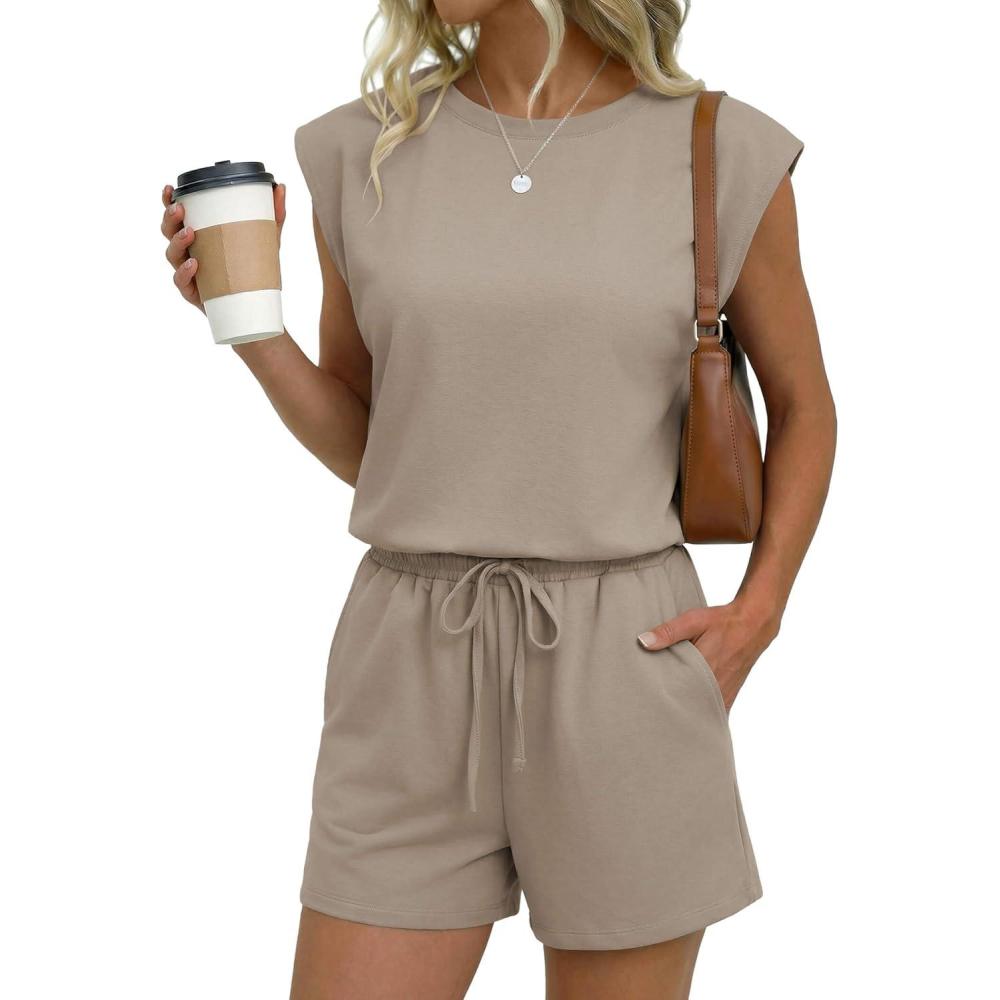 imageEkouaer Womens Romper with Pockets Summer Short Jumpsuit Casual Cap Sleeve Drawstring One Piece Lounge Vacation Beach OutfitStone