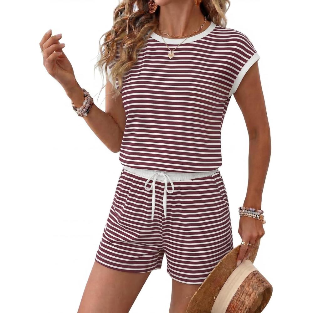 imageEkouaer Womens Rompers for Summer Casual One Piece Short Jumpsuit 2026 Striped Cap Sleeve Beach Clothes Travel OutfitsDark Red Striped