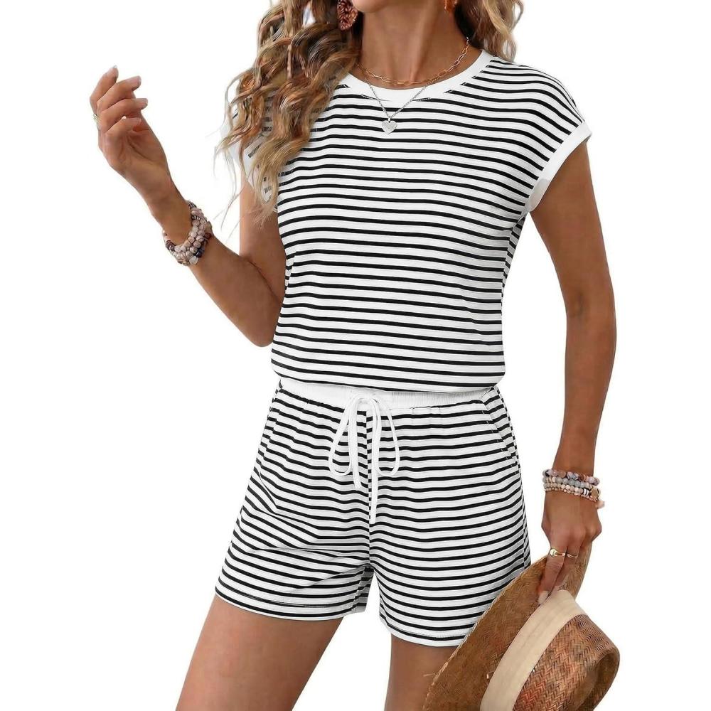 imageEkouaer Womens Rompers for Summer Casual One Piece Short Jumpsuit 2026 Striped Cap Sleeve Beach Clothes Travel OutfitsWhite Striped