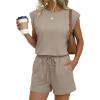 Ekouaer Women’s Romper with Pockets Summer Short Jumpsuit Casual Cap Sleeve Drawstring One Piece Lounge Vacation Beach Outfit(Stone)