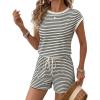 Ekouaer Womens Rompers for Summer Casual One Piece Short Jumpsuit 2026 Striped Cap Sleeve Beach Clothes Travel Outfits(Beige Striped)