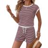 Ekouaer Womens Rompers for Summer Casual One Piece Short Jumpsuit 2026 Striped Cap Sleeve Beach Clothes Travel Outfits(Dark Red Striped)