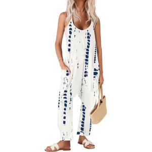 Ekouaer Womens Jumpsuit Sleeveless Casual Summer Overalls Jumpers Spaghetti Strap Baggy Long Pants Rompers with Pockets(Begie Blue Tie-dye)