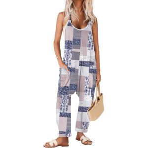 Ekouaer Womens Jumpsuit Sleeveless Casual Summer Overalls Jumpers Spaghetti Strap Baggy Long Pants Rompers with Pockets(Grey Geometric Ethnic)