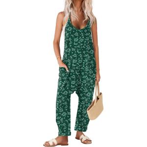 Ekouaer Womens Jumpsuit Sleeveless Casual Summer Overalls Jumpers Spaghetti Strap Baggy Long Pants Rompers with Pockets(White Floral Green)