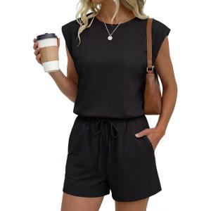 Ekouaer Women’s Romper with Pockets Summer Short Jumpsuit Casual Cap Sleeve Drawstring One Piece Lounge Vacation Beach Outfit(Black)