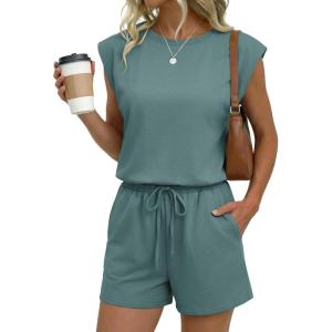 Ekouaer Women’s Romper with Pockets Summer Short Jumpsuit Casual Cap Sleeve Drawstring One Piece Lounge Vacation Beach Outfit(Green)