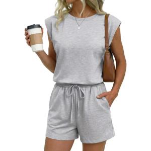 Ekouaer Women’s Romper with Pockets Summer Short Jumpsuit Casual Cap Sleeve Drawstring One Piece Lounge Vacation Beach Outfit(Grey)