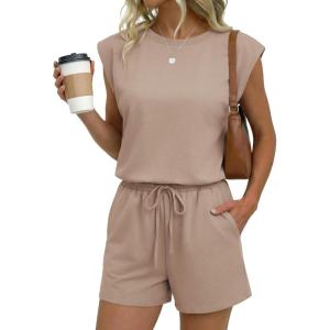 Ekouaer Women’s Romper with Pockets Summer Short Jumpsuit Casual Cap Sleeve Drawstring One Piece Lounge Vacation Beach Outfit(Khaki)