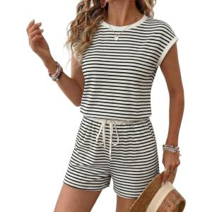 Ekouaer Womens Rompers for Summer Casual One Piece Short Jumpsuit 2026 Striped Cap Sleeve Beach Clothes Travel Outfits(Beige Striped)
