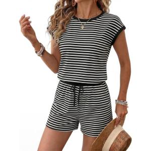 Ekouaer Womens Rompers for Summer Casual One Piece Short Jumpsuit 2026 Striped Cap Sleeve Beach Clothes Travel Outfits(Black Striped)
