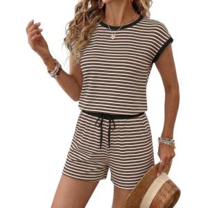 Ekouaer Womens Rompers for Summer Casual One Piece Short Jumpsuit 2026 Striped Cap Sleeve Beach Clothes Travel Outfits(Brown Striped)