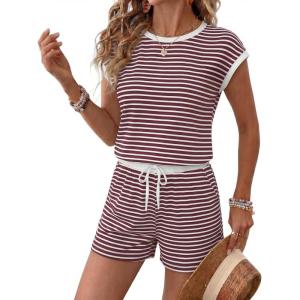 Ekouaer Womens Rompers for Summer Casual One Piece Short Jumpsuit 2026 Striped Cap Sleeve Beach Clothes Travel Outfits(Dark Red Striped)