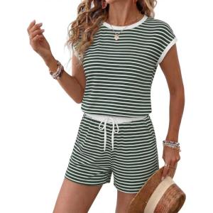 Ekouaer Womens Rompers for Summer Casual One Piece Short Jumpsuit 2026 Striped Cap Sleeve Beach Clothes Travel Outfits(Green Striped)