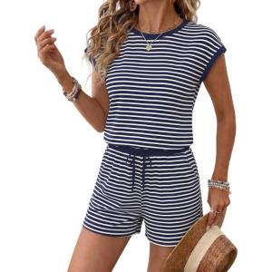 Ekouaer Womens Rompers for Summer Casual One Piece Short Jumpsuit 2026 Striped Cap Sleeve Beach Clothes Travel Outfits(Navy Blue Striped)