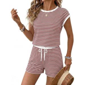 Ekouaer Womens Rompers for Summer Casual One Piece Short Jumpsuit 2026 Striped Cap Sleeve Beach Clothes Travel Outfits(Pink Striped)