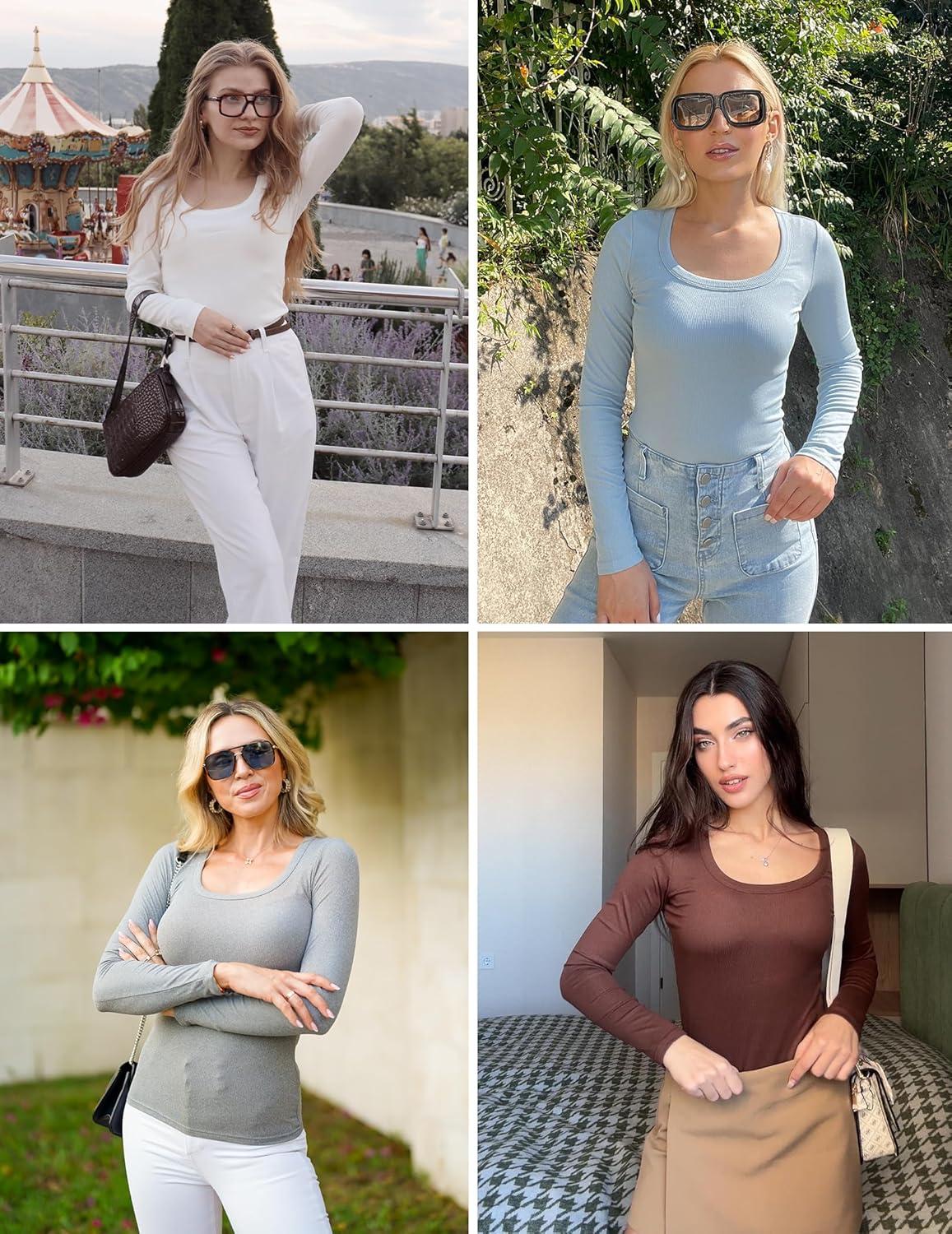 imageEkouaer Womens Long Sleeve Shirts Square Neck Slim Fit Basic Tops Ribbed Thermal Undershirts Layering TeeBlack