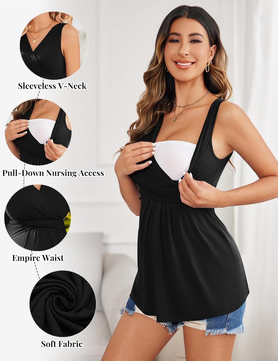 imageEkouaer Womens Maternity Tank Tops 3 Packs Sleeveless Nursing Tops V Neck Breastfeeding Shirts Pregnancy ClothesArmy Green Grey Black3pcs