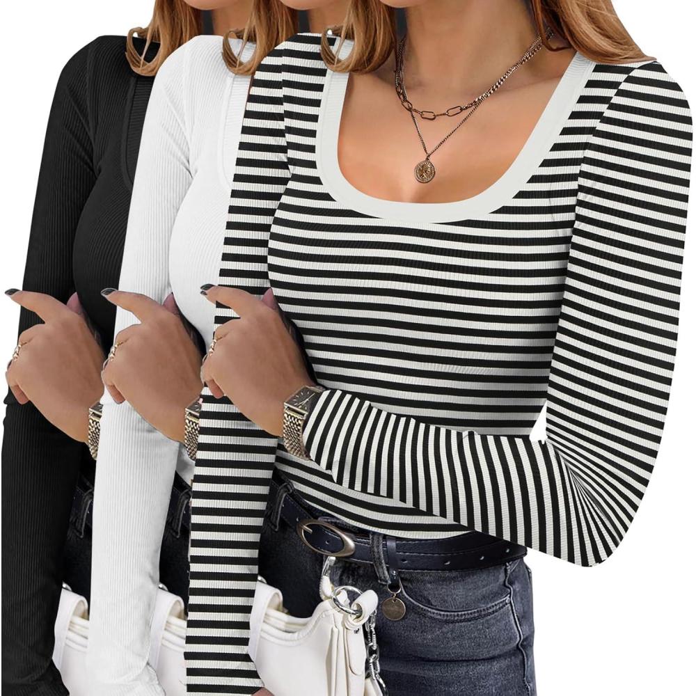 imageEkouaer Womens 3 Pack Long Sleeve Shirts Square Neck Basic Ribbed Tops Tee Thermal Undershirts XSXXLBlackWhiteBlack White Stripe