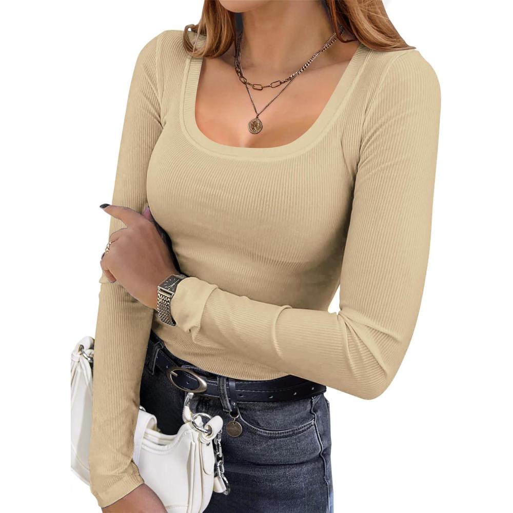 imageEkouaer Womens Long Sleeve Shirts Square Neck Slim Fit Basic Tops Ribbed Thermal Undershirts Layering TeeBeige