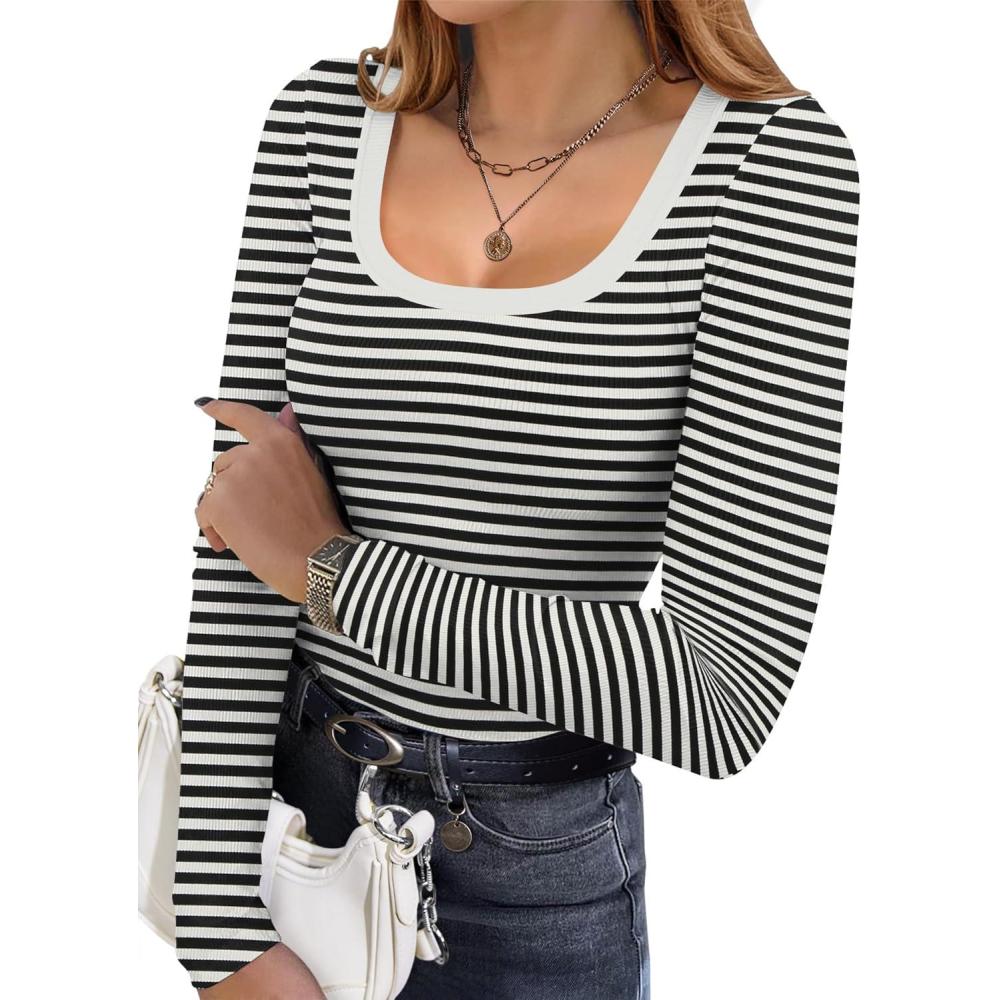 imageEkouaer Womens Long Sleeve Shirts Square Neck Slim Fit Basic Tops Ribbed Thermal Undershirts Layering TeeBlack White Stripe