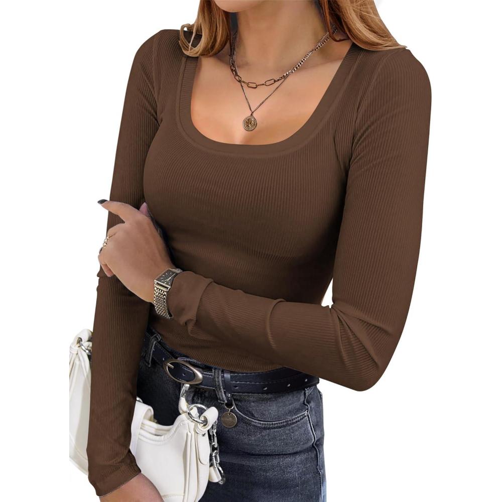 imageEkouaer Womens Long Sleeve Shirts Square Neck Slim Fit Basic Tops Ribbed Thermal Undershirts Layering TeeBrown