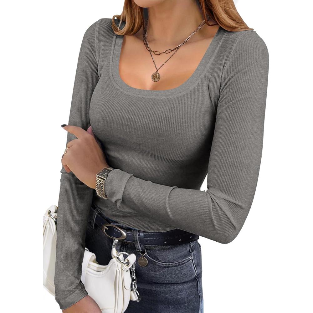 imageEkouaer Womens Long Sleeve Shirts Square Neck Slim Fit Basic Tops Ribbed Thermal Undershirts Layering TeeGrey