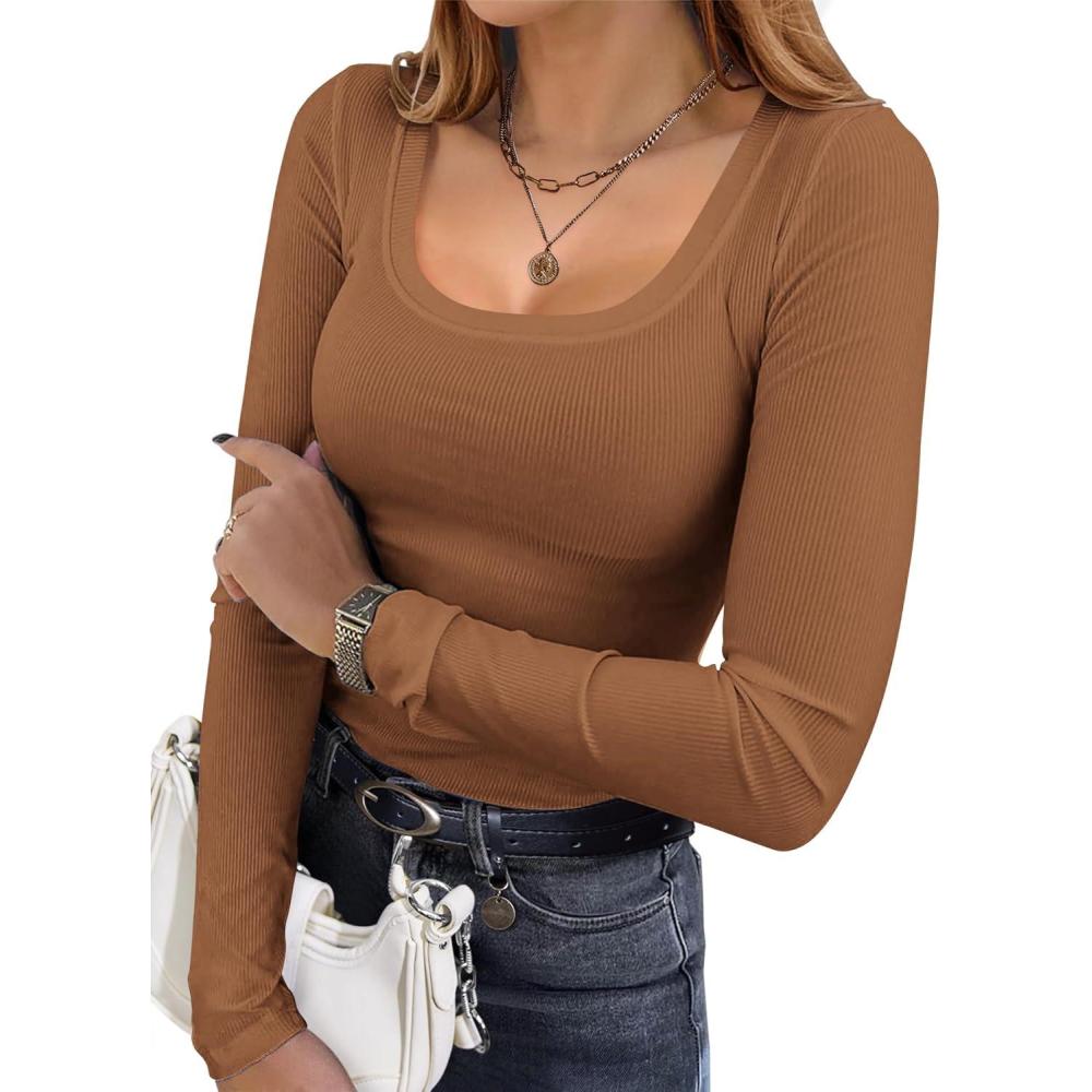 imageEkouaer Womens Long Sleeve Shirts Square Neck Slim Fit Basic Tops Ribbed Thermal Undershirts Layering TeeKhaki