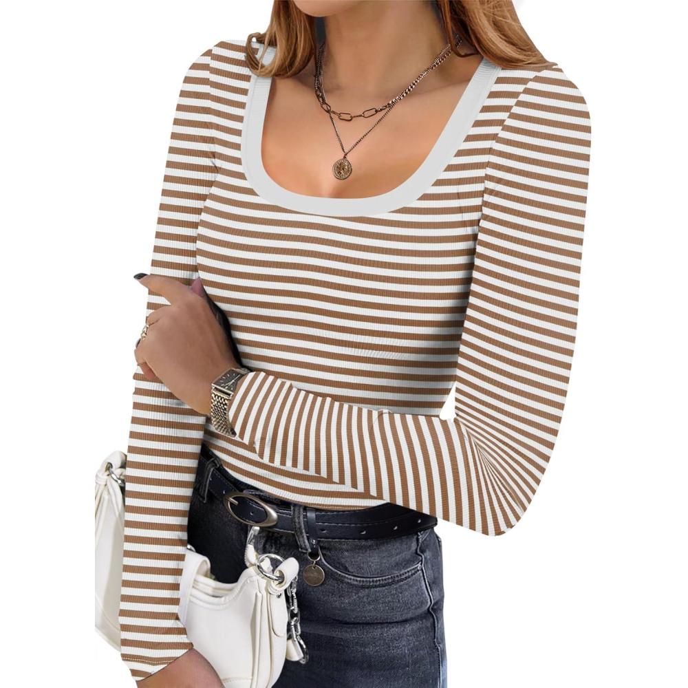 imageEkouaer Womens Long Sleeve Shirts Square Neck Slim Fit Basic Tops Ribbed Thermal Undershirts Layering TeeWhite Brown Stripe