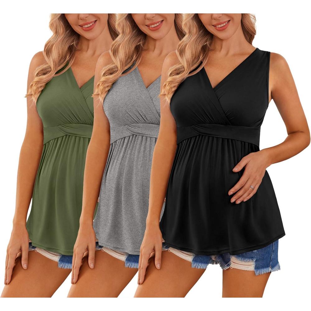 imageEkouaer Womens Maternity Tank Tops 3 Packs Sleeveless Nursing Tops V Neck Breastfeeding Shirts Pregnancy ClothesArmy Green Grey Black3pcs