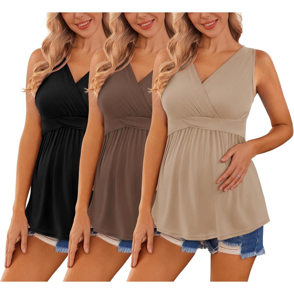 imageEkouaer Womens Maternity Tank Tops 3 Packs Sleeveless Nursing Tops V Neck Breastfeeding Shirts Pregnancy ClothesBlack Brown Khaki3pcs