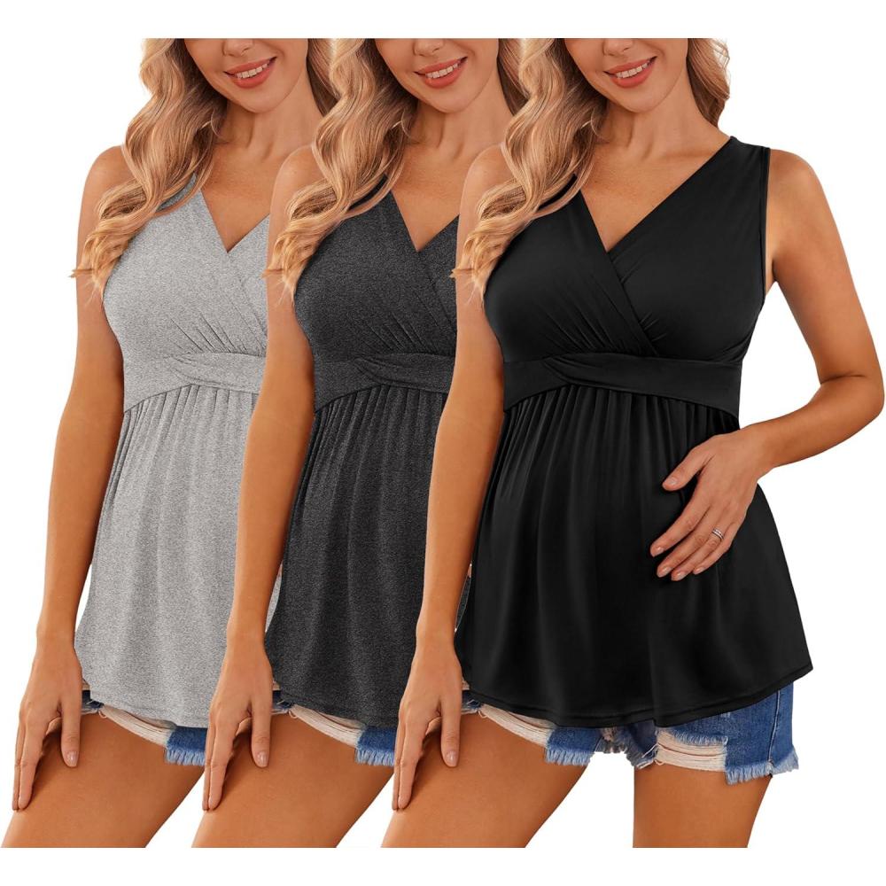 imageEkouaer Womens Maternity Tank Tops 3 Packs Sleeveless Nursing Tops V Neck Breastfeeding Shirts Pregnancy ClothesBlack  Dark Grey  Light Grey3pcs