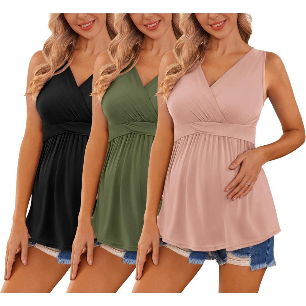 imageEkouaer Womens Maternity Tank Tops 3 Packs Sleeveless Nursing Tops V Neck Breastfeeding Shirts Pregnancy ClothesBlack Pink Army Green3pcs