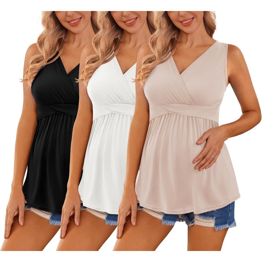 imageEkouaer Womens Maternity Tank Tops 3 Packs Sleeveless Nursing Tops V Neck Breastfeeding Shirts Pregnancy ClothesBlack White Beige3pcs