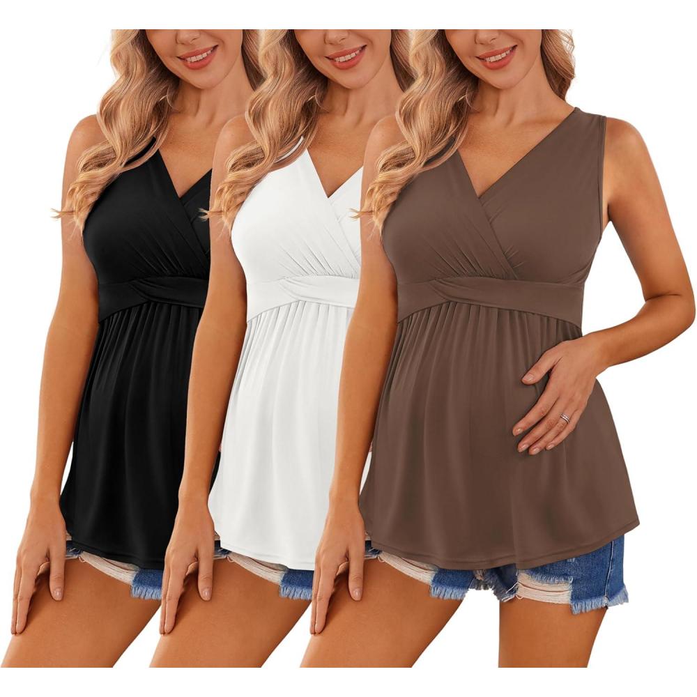 imageEkouaer Womens Maternity Tank Tops 3 Packs Sleeveless Nursing Tops V Neck Breastfeeding Shirts Pregnancy ClothesBlack White Brown3pcs