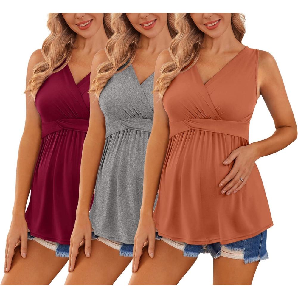 imageEkouaer Womens Maternity Tank Tops 3 Packs Sleeveless Nursing Tops V Neck Breastfeeding Shirts Pregnancy ClothesCaramel Grey Wine Red3pcs