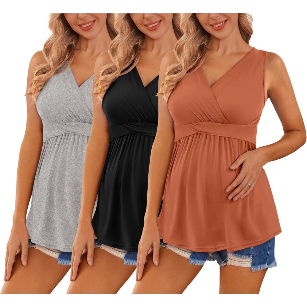 imageEkouaer Womens Maternity Tank Tops 3 Packs Sleeveless Nursing Tops V Neck Breastfeeding Shirts Pregnancy ClothesLight Grey Black Caramel3pcs